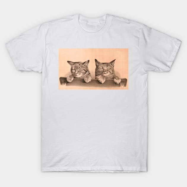 Two cute brindle and tabby kittens. Cat brothers. Family of Cats. Drawing of cats with closed eyes T-Shirt by Marccelus